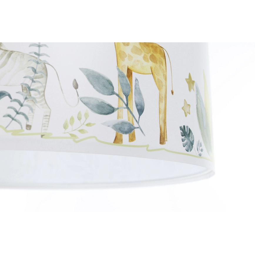 Candeeiro Suspenso ANIMAIS da FLORESTA – Sweet Dreams Detalhe de abajur infantil com girafa, zebra, folhas e estrelas