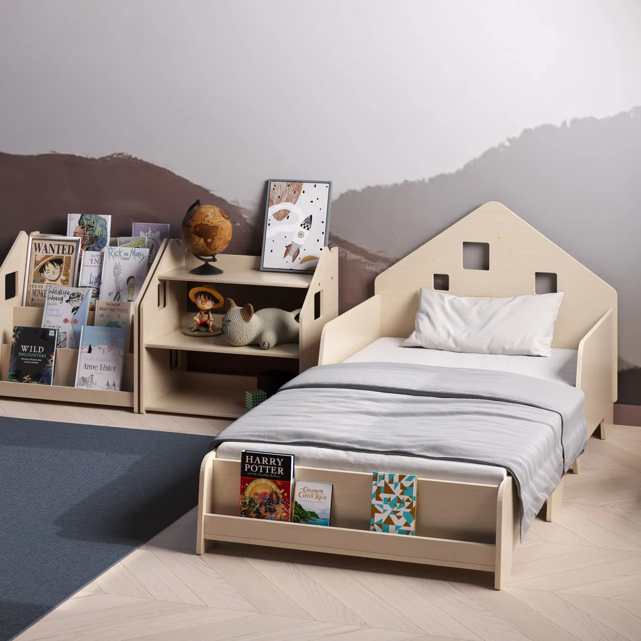 Cama Extensível em Forma de Casa com Iluminação LED Quarto infantil com cama em madeira clara, roupas de cama cinza, estante com livros e brinquedos, parede com pintura abstrata