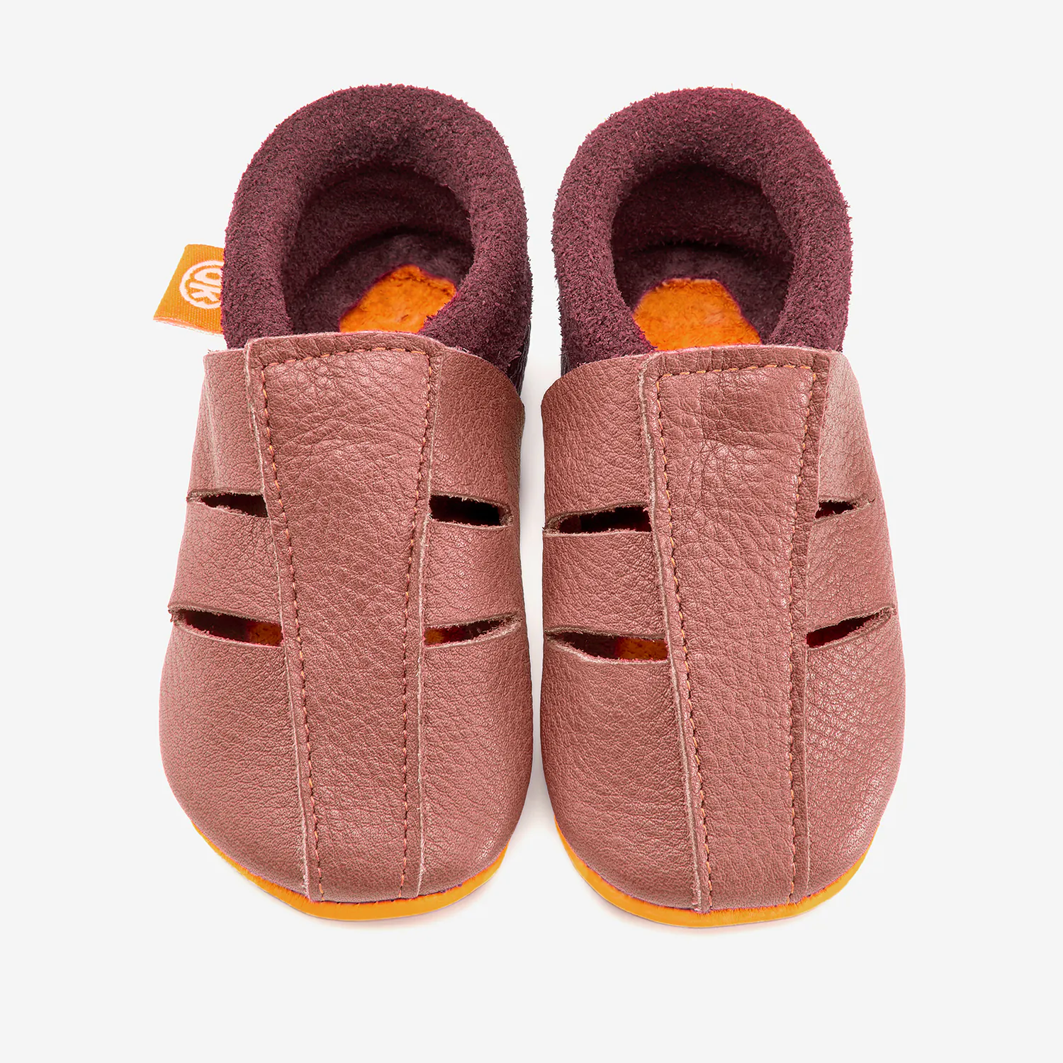 Sandália Infantil Rosa-Velho Sapatinhos de bebé em pele castanha e tecido bordeaux