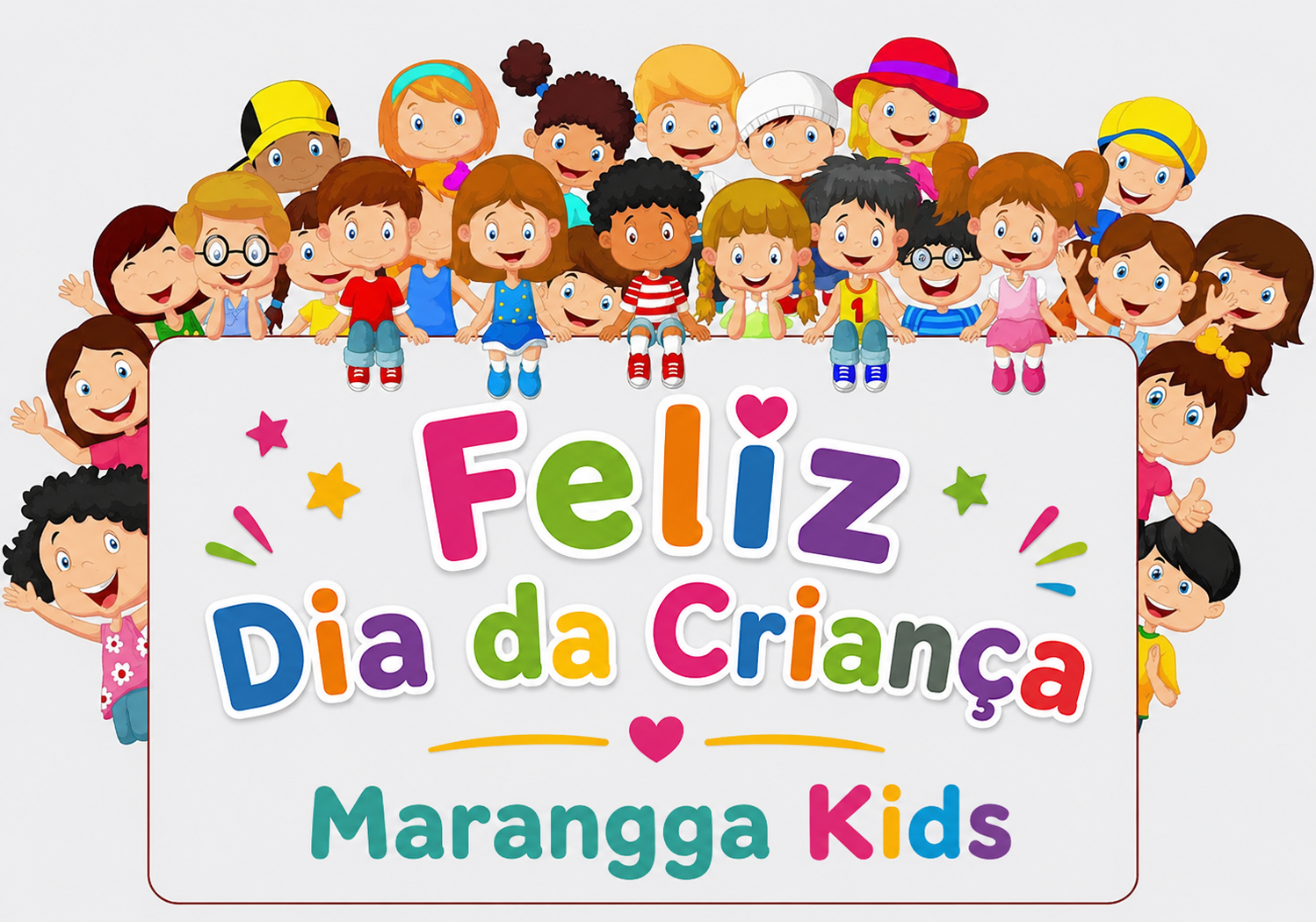 Ilustração de crianças felizes com cartaz colorido de Feliz Dia da Criança Marangga Kids.