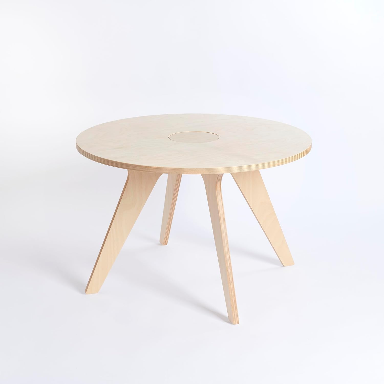 Mesa Infantil de Desenho e Atividades Montessori em Madeira Mesa redonda de madeira clara com quatro pernas inclinadas
