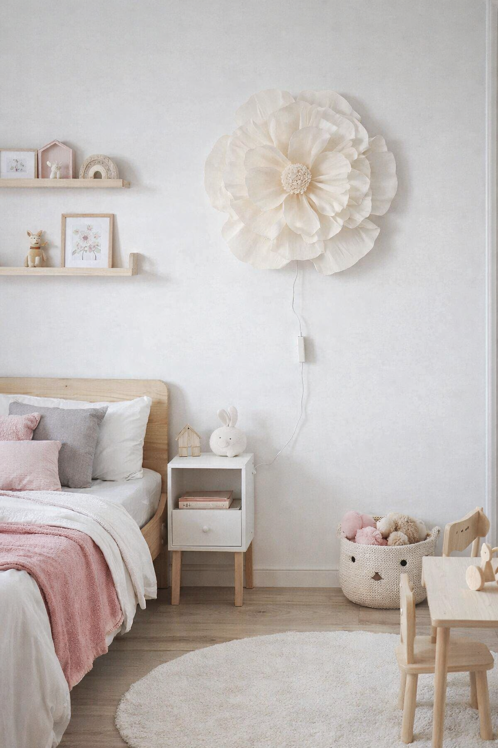 Candeeiro LED de Parede Flor Quarto infantil com decoração clara, camas com almofadas cor-de-rosa e cinza e candeeiro de parede em forma de flor branca.