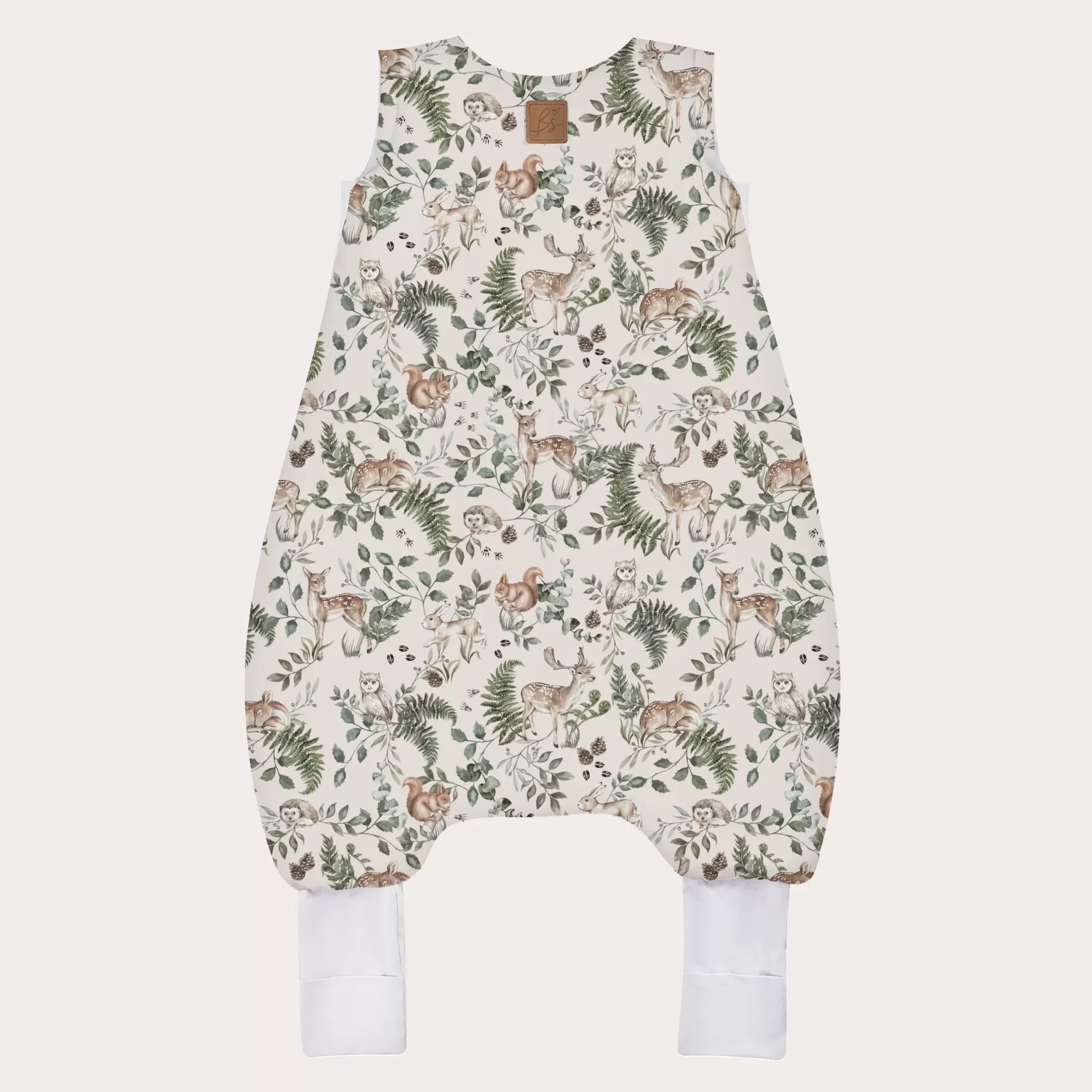 Saco de Dormir com Pernas - Animais da Floresta Macacão de bebé com padrão animal da floresta e punhos brancos