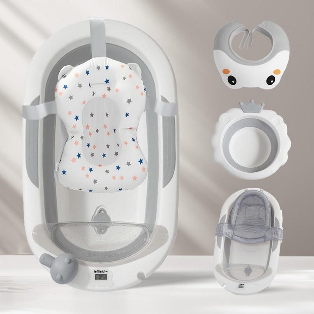 Banheira Dobrável de Silicone para Bebé - Kit 7 Peças Banheira de bebé com assento acolchoado e acessórios brancos e cinzentos