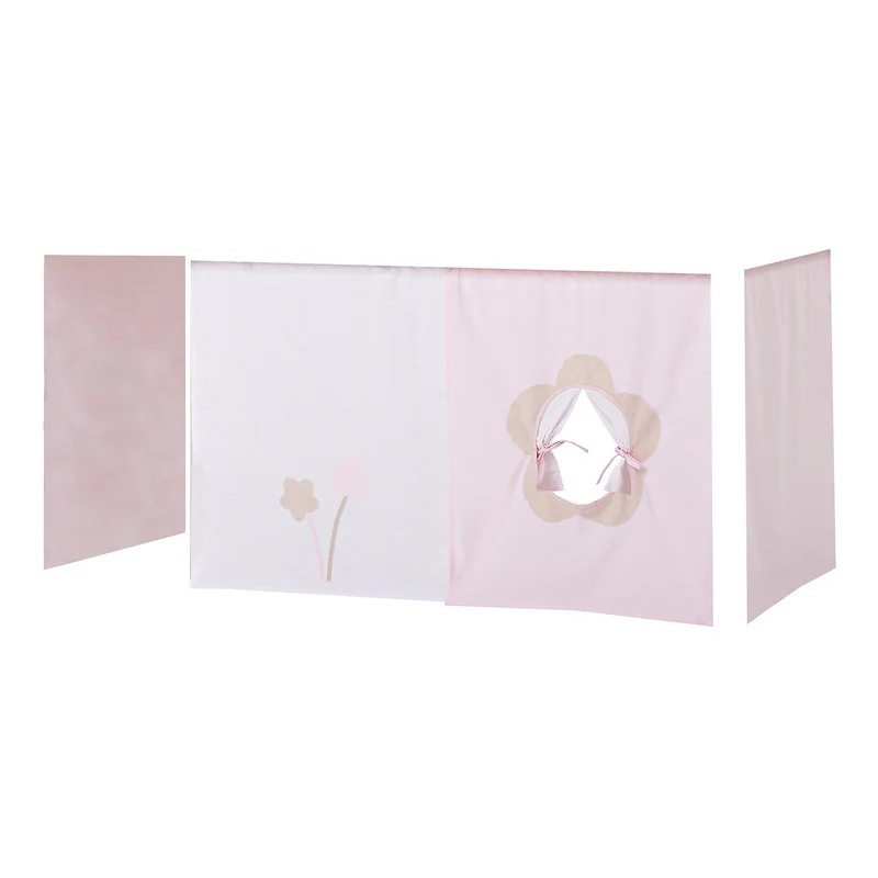Cortina de Cama Eco Dream – Conto de Fadas Floral Três painéis de tecido rosa e branco com detalhes de flores e laços