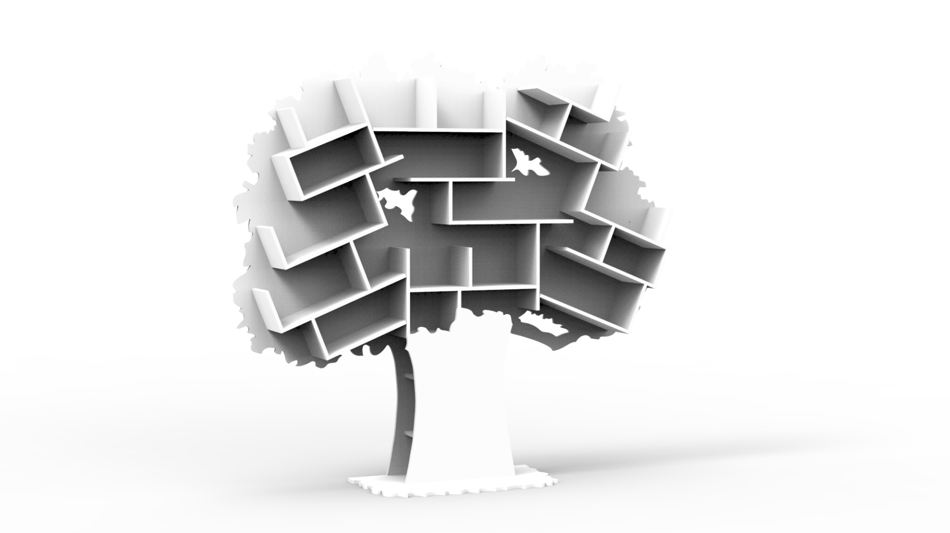 Estante Árvore Grande TESS Estante branca em forma de árvore com nichos e recortes de pássaros