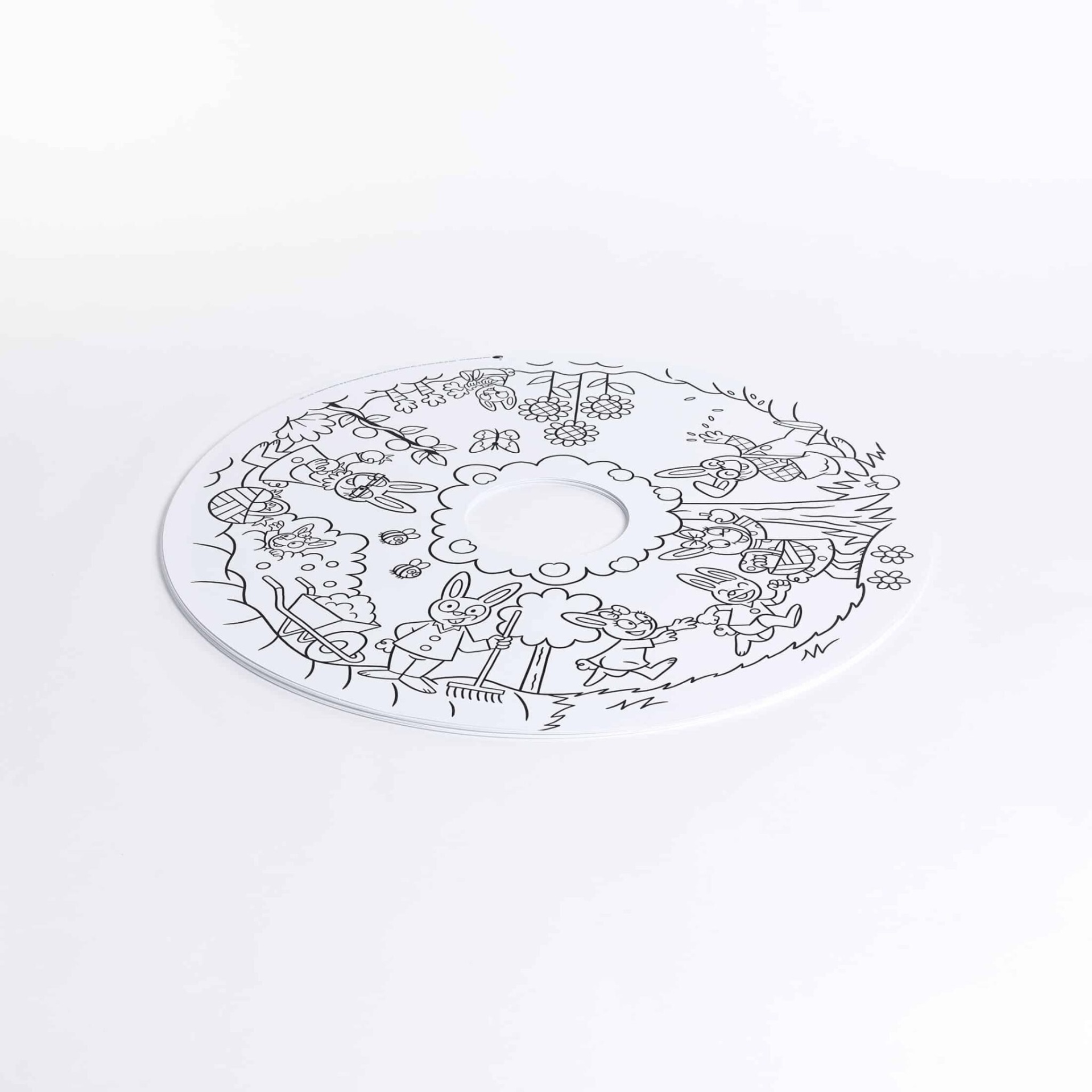 Recarga de Folhas para Colorir - Coelhinhos Prato branco com ilustrações de coelhos e natureza a preto.