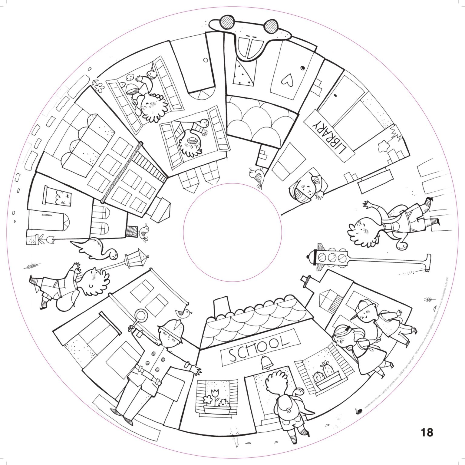 Recarga de Folhas para Colorir - A Vida na Cidade Desenho circular preto e branco com casas e pessoas, incluindo escola com sinal SCHOOL.