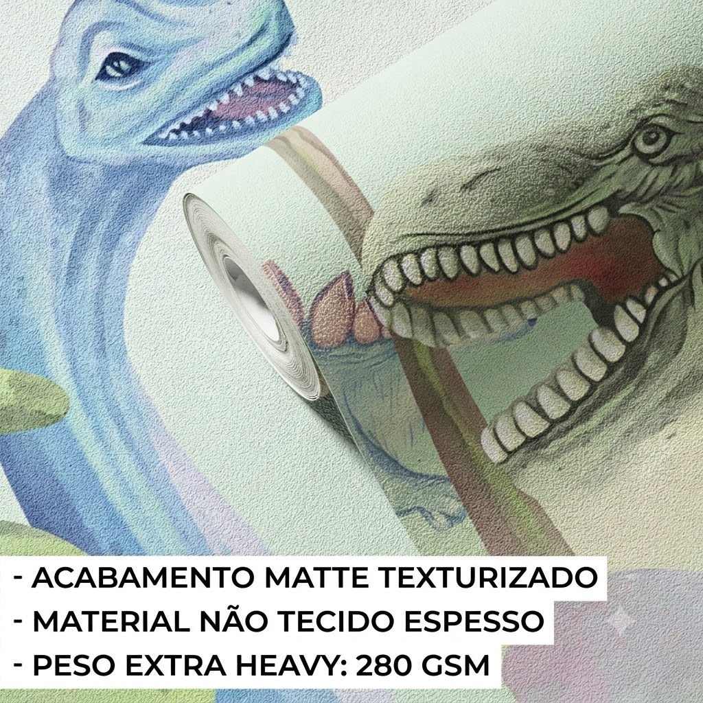 Papel de Parede Infantil Dinossauros Rolo de papel de parede com estampado colorido de dinossauros em fundo claro.