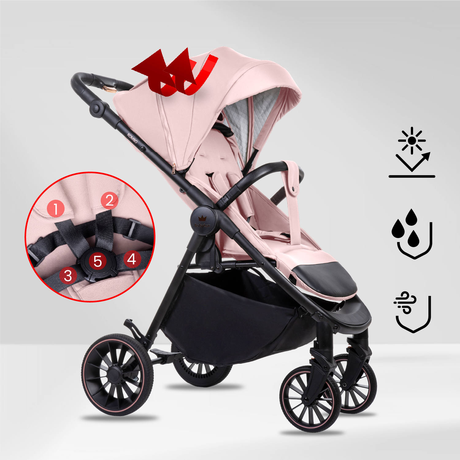 Carrinho de Bebé ROMBO Rosa Carrinho de bebé rosa com estrutura preta e cintos de segurança