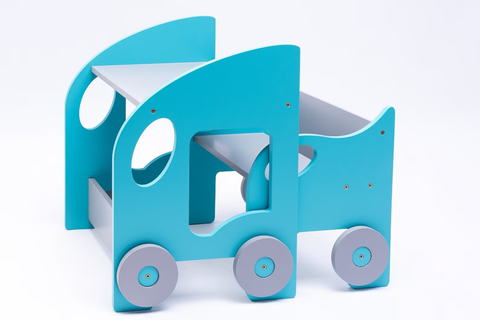 Mesa e Cadeira Infantil MONTESSORI Carrinho infantil de madeira azul e cinza com rodas