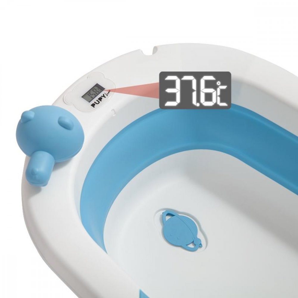 Banheira Dobrável de Silicone para Bebé - Kit 7 Peças Banheira de bebé branca e azul com termómetro digital