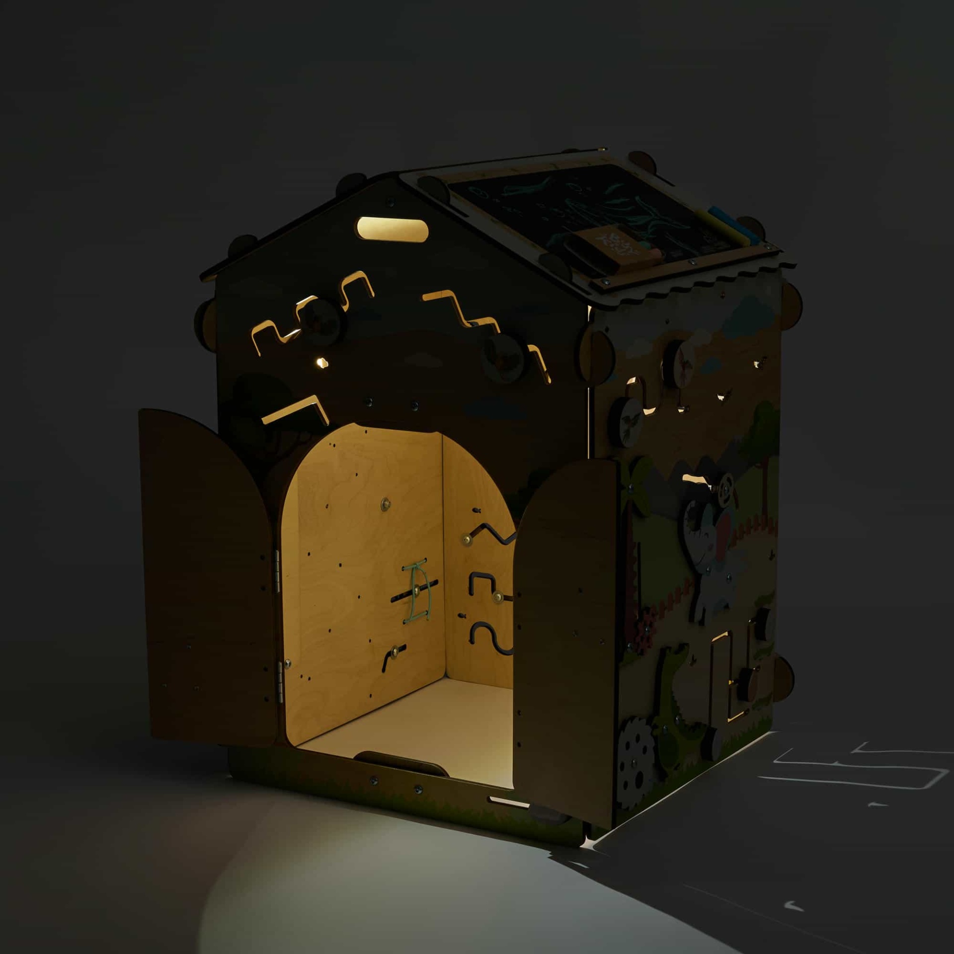 Casa de Madeira Atividades ZOO Caixa de atividades infantil em madeira natural com portas abertas e interior iluminado