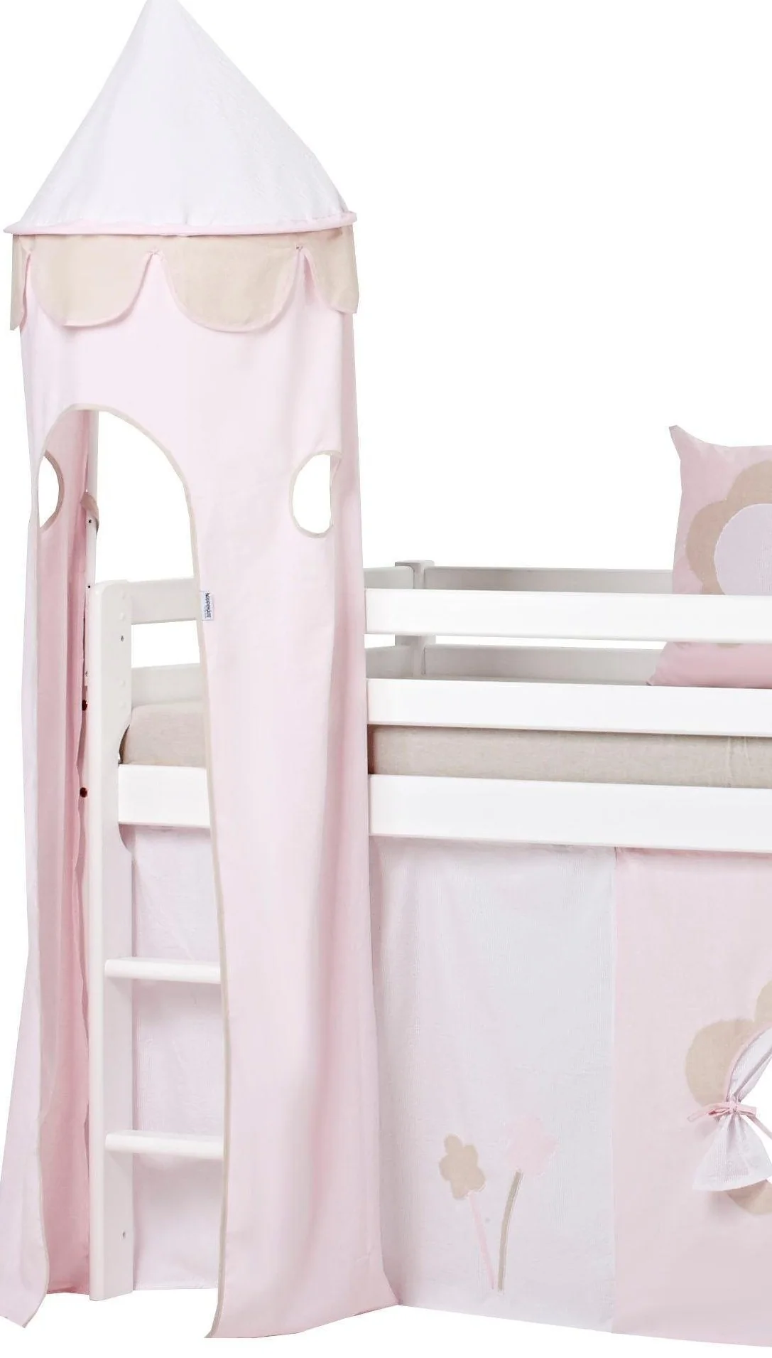 Torre Decorativa Conto de Fadas Floral Cama infantil com torre em tecido rosa com capota e almofada com padrão floral