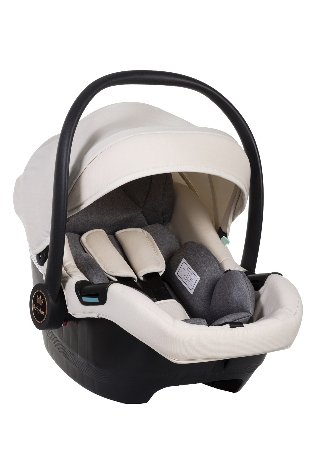 Cadeiras Tiesto R129 ISOFIX Cadeira auto para bebé bege e cinzento com estrutura preta e alças de segurança acolchoadas