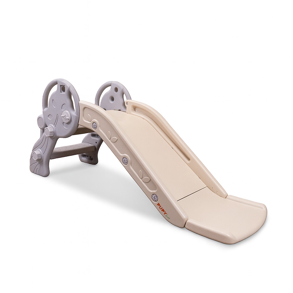 Escorrega Infantil PUPY Para Interior e Exterior Escorrega infantil de plástico bege e cinzento com detalhes decorativos e texto RUPY