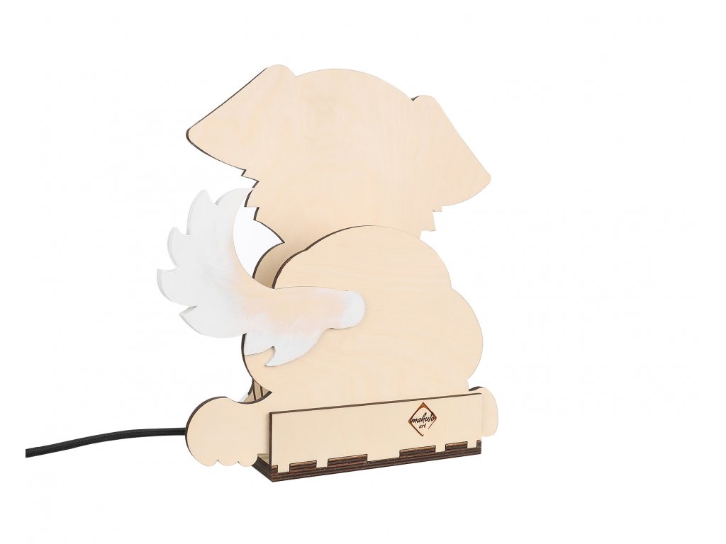 Candeeiro Cão de Madeira Controlado por SMARTPHONE Produto em madeira clara com forma de cão com asa branca e cabo preto