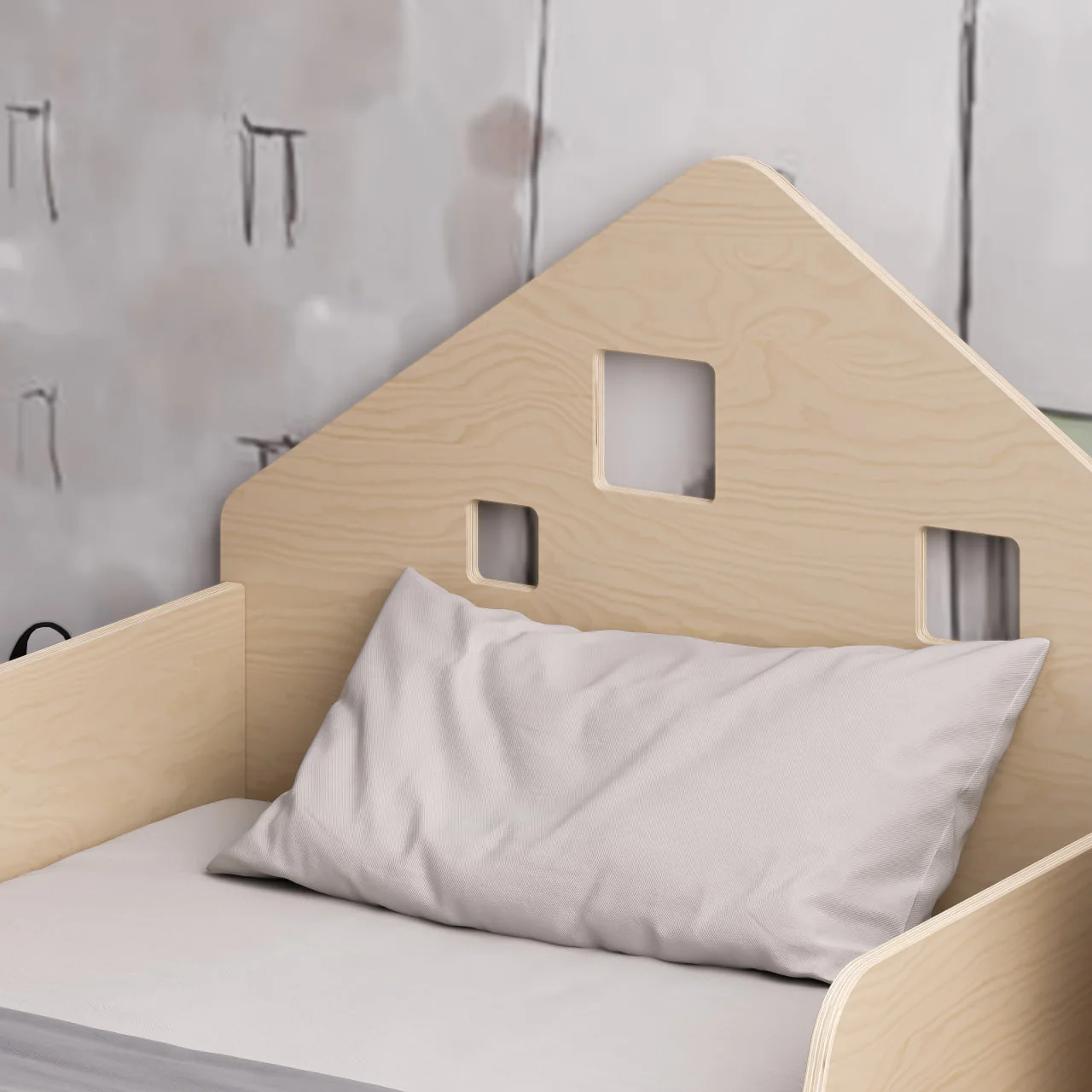 Cama Extensível em Forma de Casa com Iluminação LED Cama de criança com cabeceira em madeira clara e almofada cinza