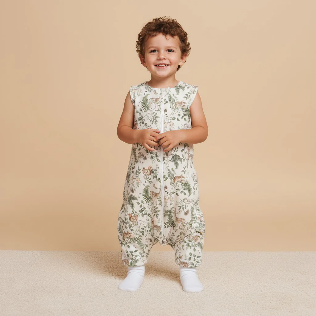 Saco de Dormir com Pernas - Animais da Floresta Macacão sem mangas para criança com padrão de folhas e animais