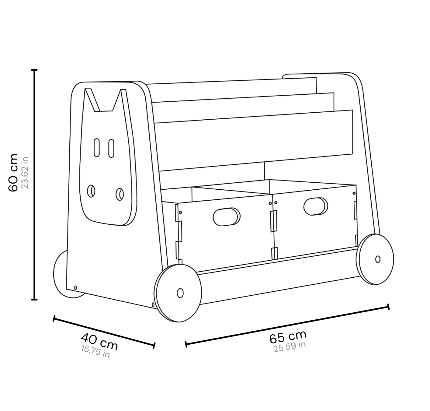 Estante de Madeira Sobre Rodas Carrinho móvel em madeira com rodas, caixas e design decorativo lateral.