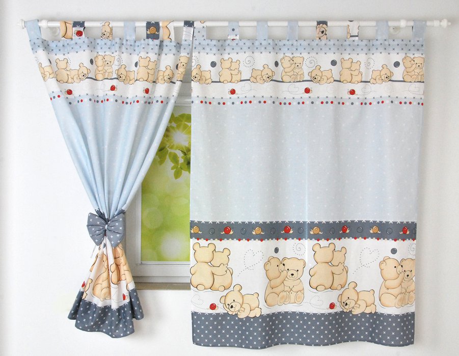 Cortinados Infantis Ursinhos Cortinas azuis e cinza com padrão de ursinhos bege e bolinhas