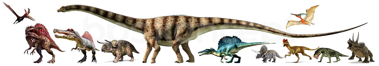 Candeeiro Suspenso DINO Diplodoco Miniaturas coloridas de dinossauros em fila sobre fundo branco