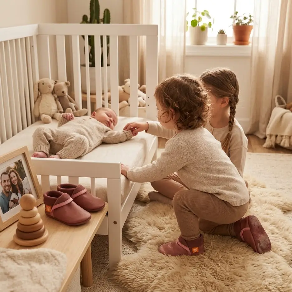 Sapatinho Infantil Clássico Rosa Quarto de bebé com berço branco, crianças e bonecos de peluche