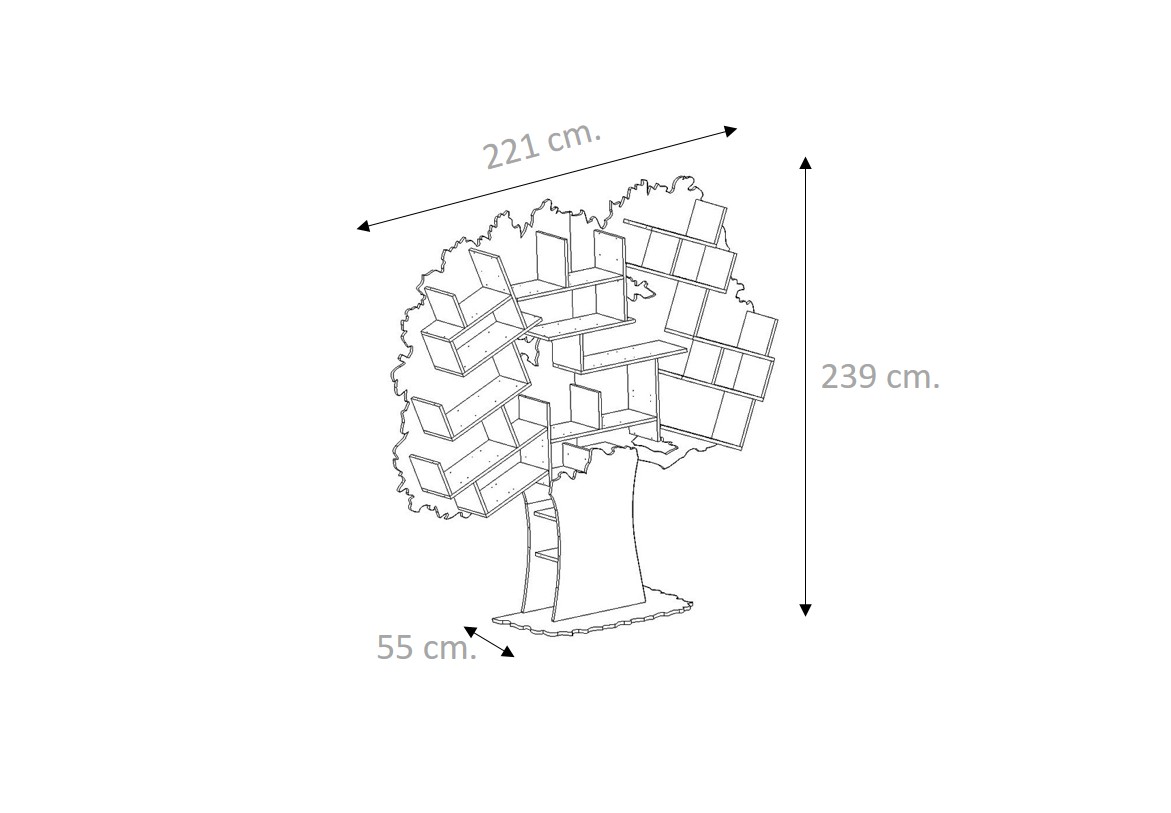 Estante Árvore Grande TESS Desenho de árvore com folhas retangulares e dimensões indicadas
