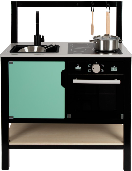 Cozinha Infantil Estilo INDUSTRIAL mini cozinha de brincar para crianças com fogão, pia e forno em preto, branco e verde água