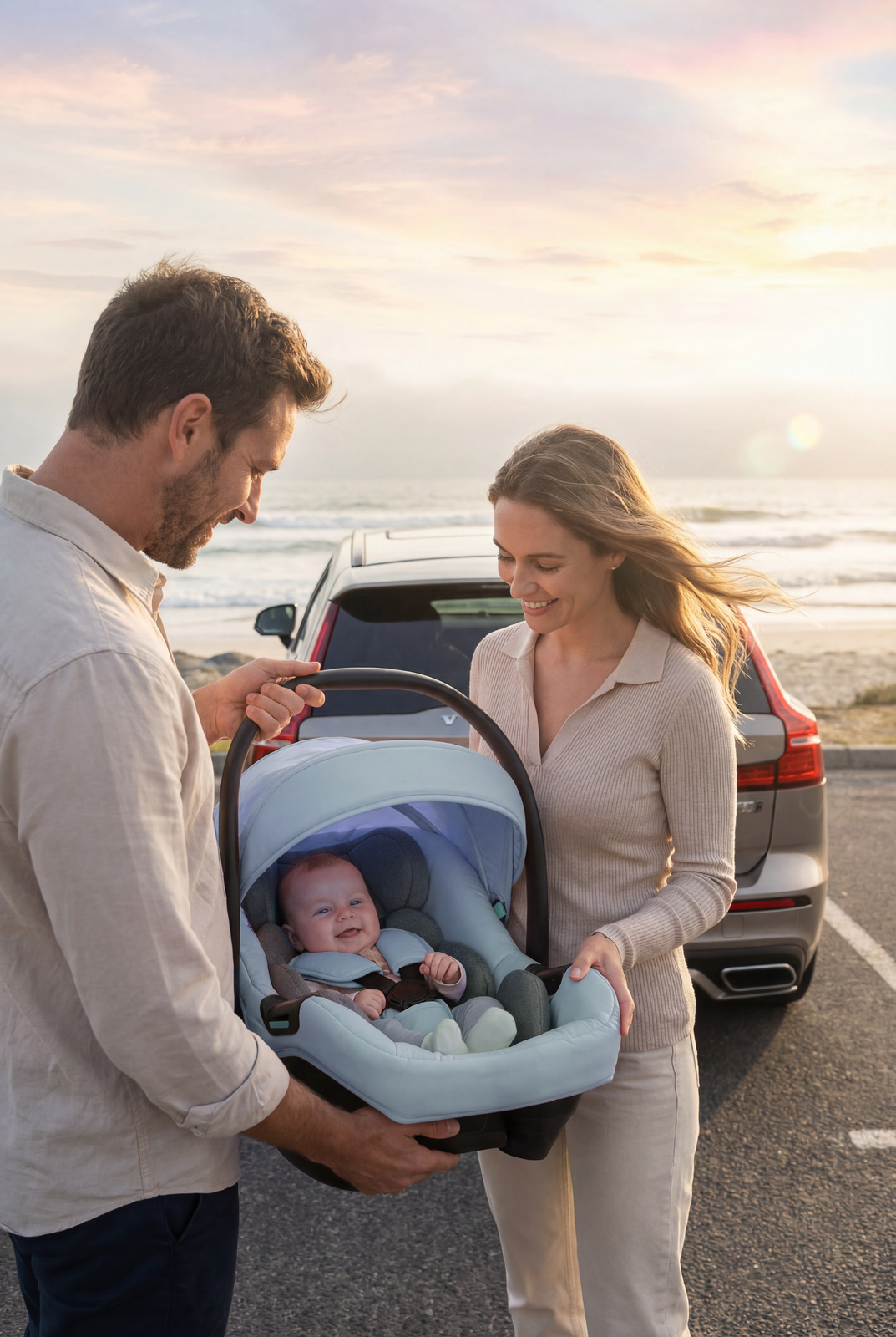 Cadeiras Tiesto R129 ISOFIX Bebé numa cadeira auto azul claro com pais ao lado de um carro na praia ao pôr do sol