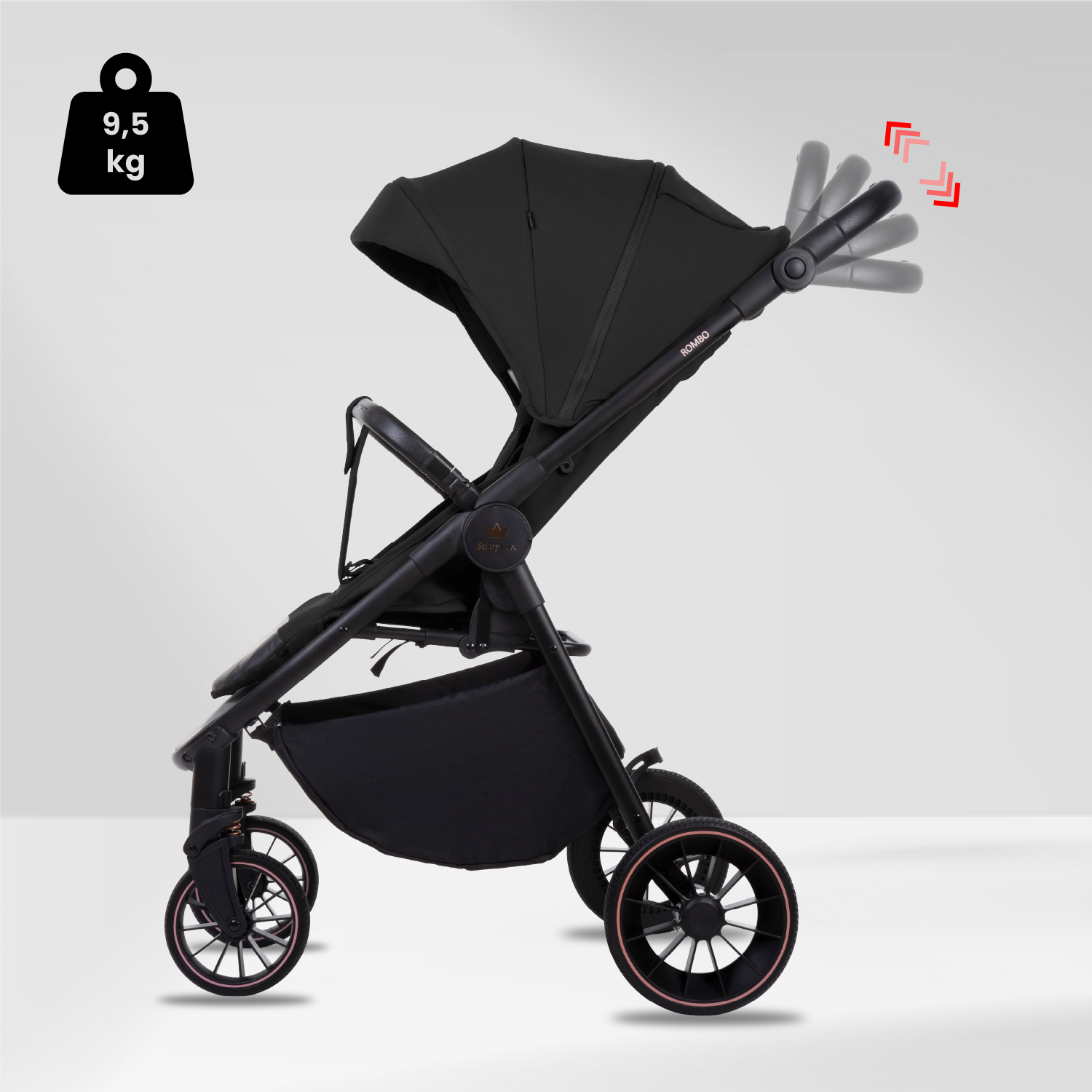 Carrinho de Bebé ROMBO Onyx Carrinho de bebé preto com ajuste de punho e peso 9,5 kg