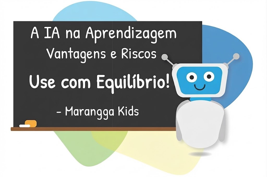 Quadro negro com texto sobre IA na aprendizagem e robô azul sorridente ao lado