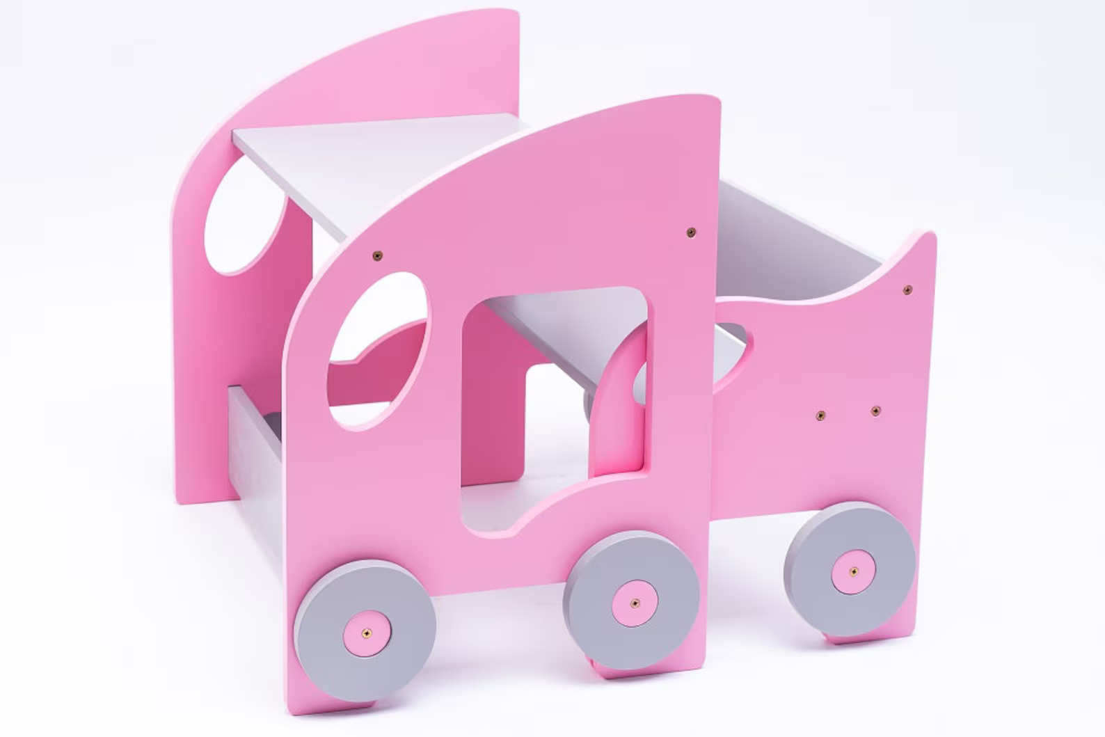 Mesa e Cadeira Infantil MONTESSORI Carrinho de brinquedo rosa e cinza em madeira com rodas e assento branco