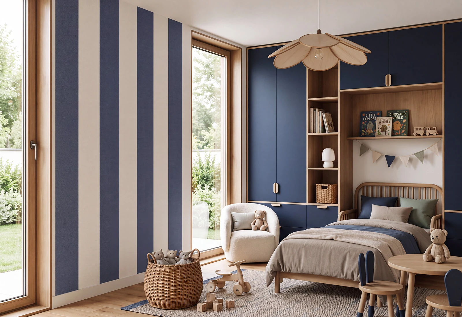 Papel de Parede Infantil às Listas Largas Quarto infantil com móveis em madeira clara e azul escuro, cama com almofadas, poltrona branca, candeeiro flores e brinquedos de madeira.