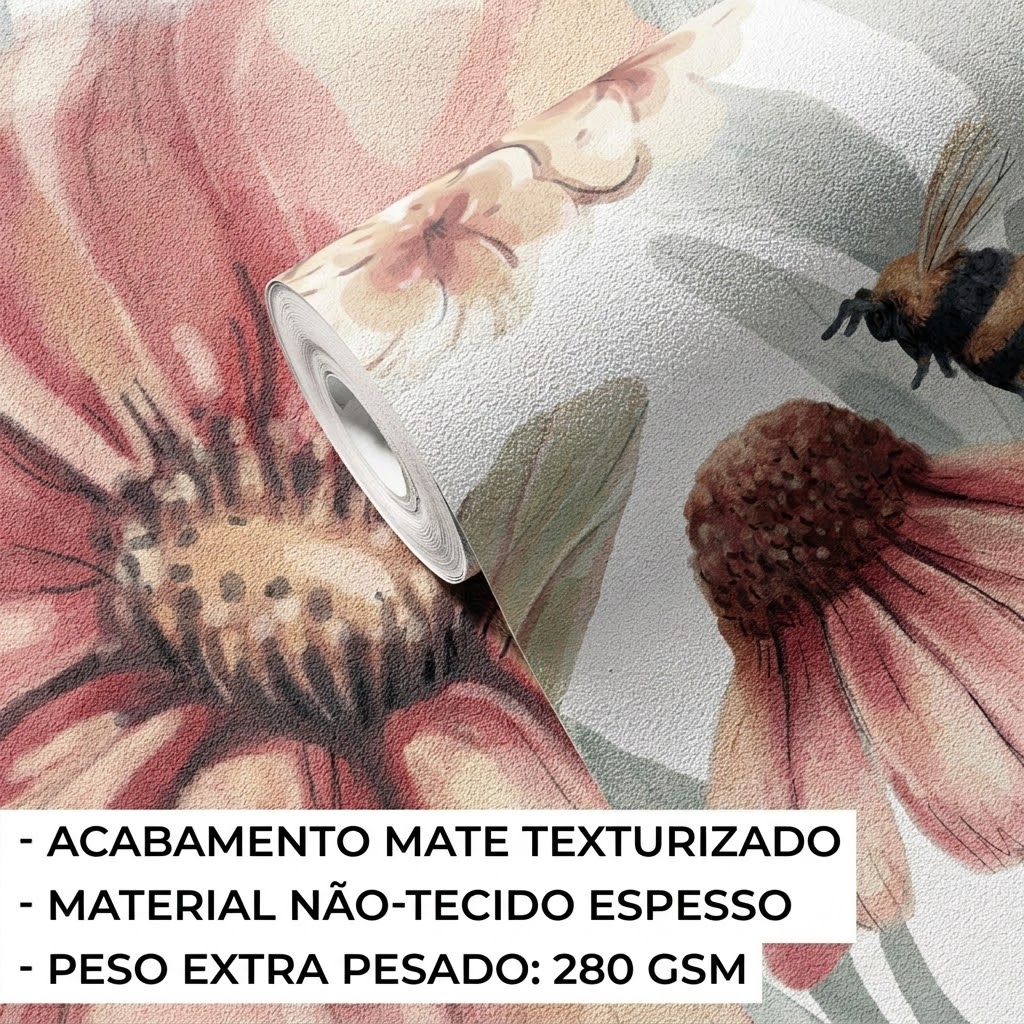 Papel de Parede Infantil Flores Silvestres Pequenas Rolo de papel decorativo com padrão floral e abelha, texto sobreposição com características do material.
