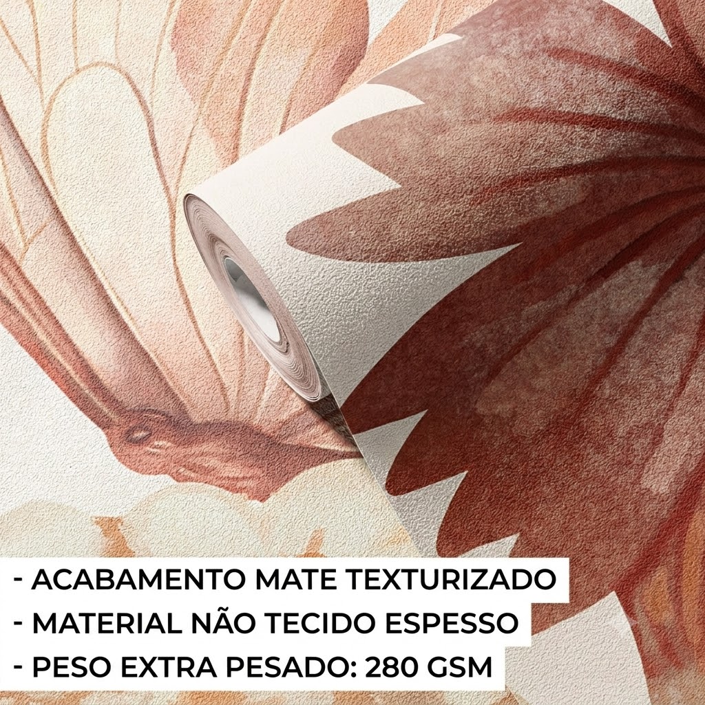 Papel de Parede Infantil Flores Boho Grandes Rolo de papel de parede texturizado em tons de vermelho e bege com texto descritivo em português.