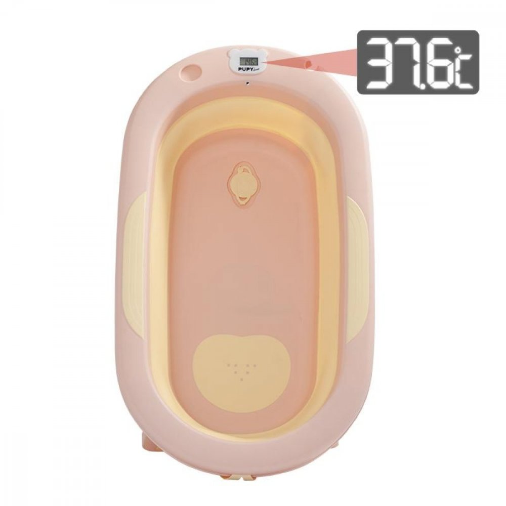 Banheira Dobrável de Silicone para Bebé - Kit 7 Peças Banheira infantil rosa claro e amarelo com termómetro digital que mostra 37.6°C
