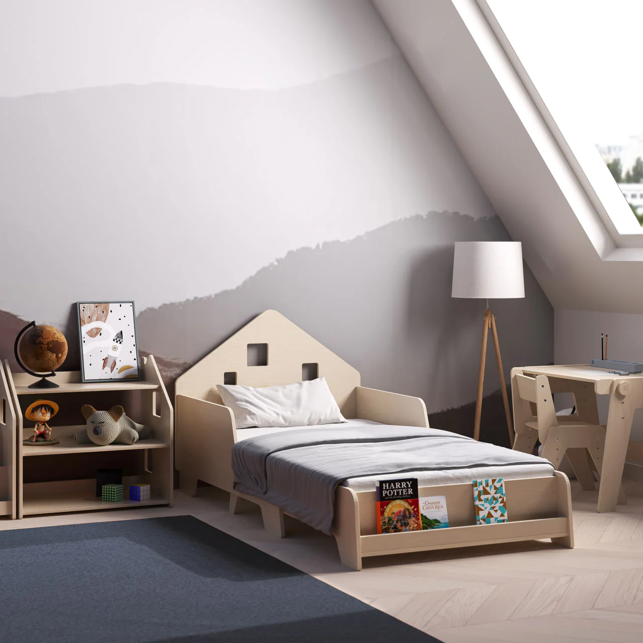 Cama Extensível em Forma de Casa com Iluminação LED Quarto infantil com cama, estante, candeeiro e secretária de madeira clara