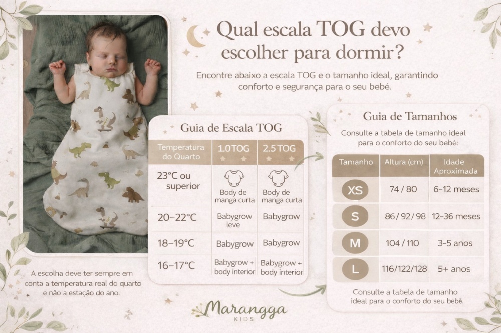 Saco de Dormir para Bebé - Dino Bebé a dormir com saco de dormir estampado e guia de tamanhos TOG para bebés.