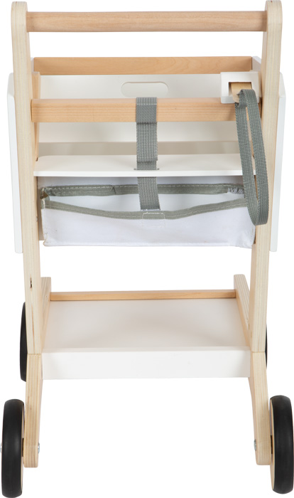 Carrinho de Compras de Madeira Carrinho de brinquedo de madeira clara com rodas pretas e alça cinzenta