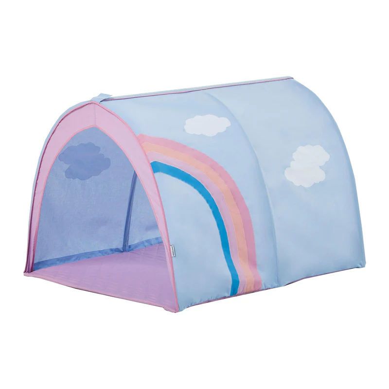 Túnel de Brincar - Unicórnio Tenda infantil azul e rosa com arco-íris e nuvens