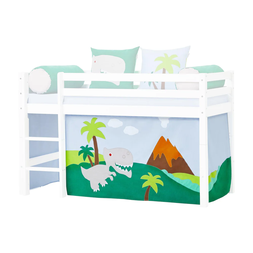 Cortina de Cama Eco Dream – Dino Cama infantil branca com cortina frontal decorada com dinossauro e elementos da natureza