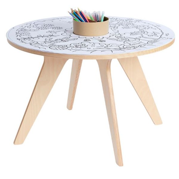 Mesa Infantil de Desenho e Atividades Montessori em Madeira Mesa redonda infantil com desenhos para colorir e lápis de cor no centro