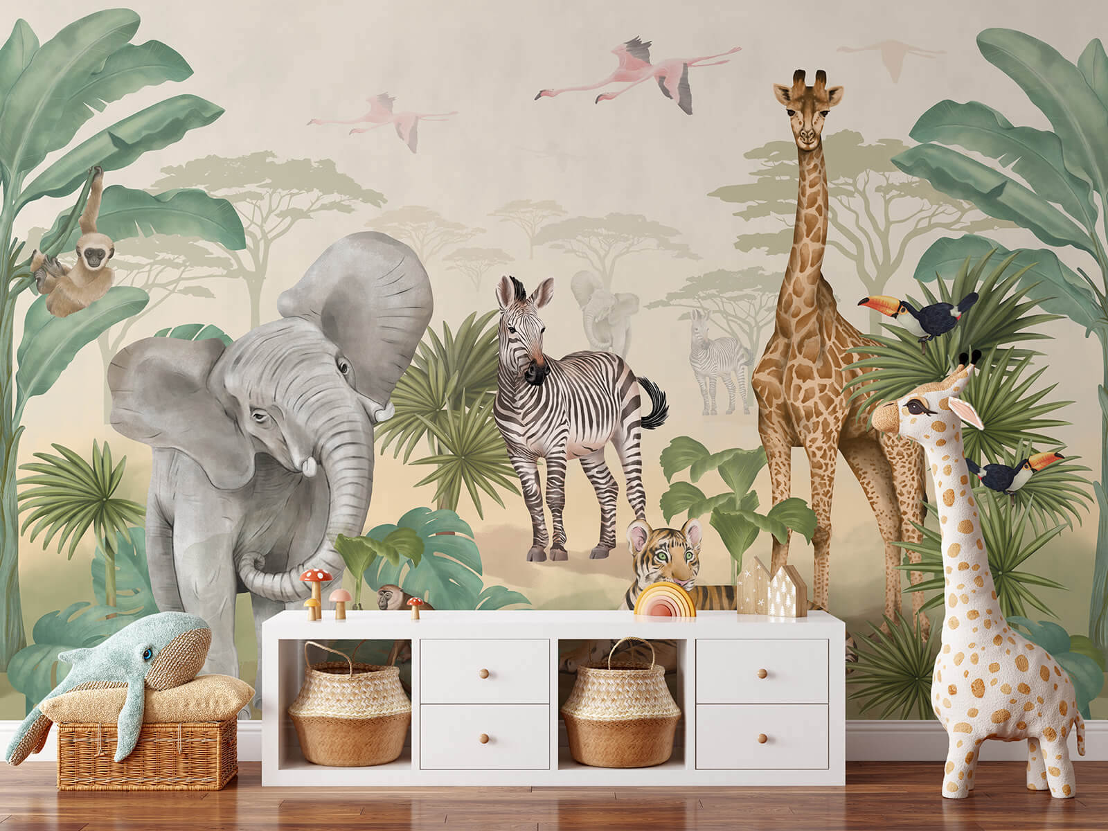 Papel de Parede Animais SAFARI Papel de parede infantil com animais selvagens e cómoda branca com cestos
