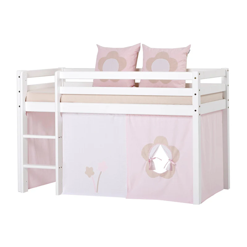 Cortina de Cama Eco Dream – Conto de Fadas Floral Cama infantil alta de madeira branca com cortina rosa decorada com flores e almofadas cor-de-rosa