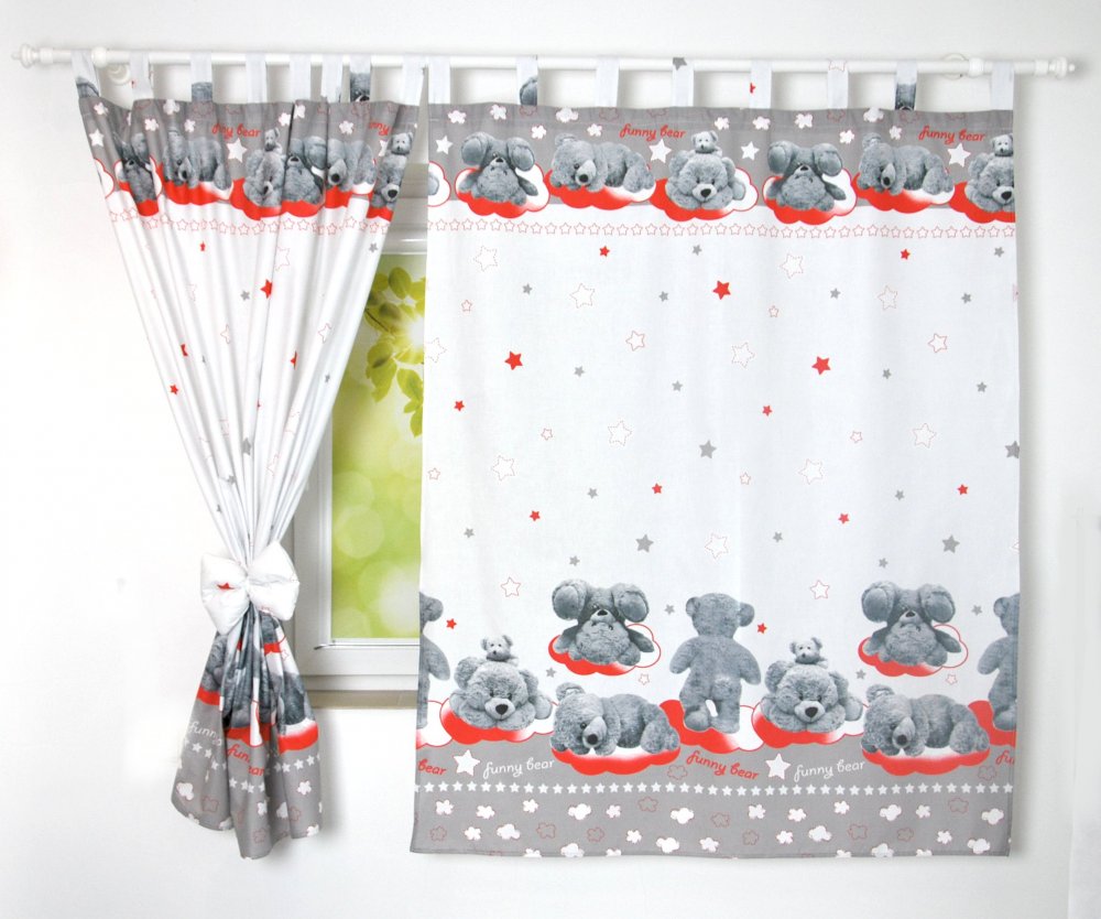 Cortinados Infantis Ursinhos de Peluche Cortinas com padrão de ursos cinzentos e estrelas em tecido branco e cinzento