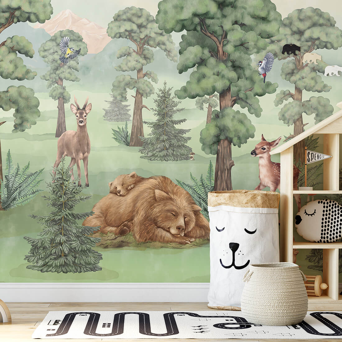 Papel de Parede FLORESTA Papel decorativo infantil com animais da floresta e móveis infantis