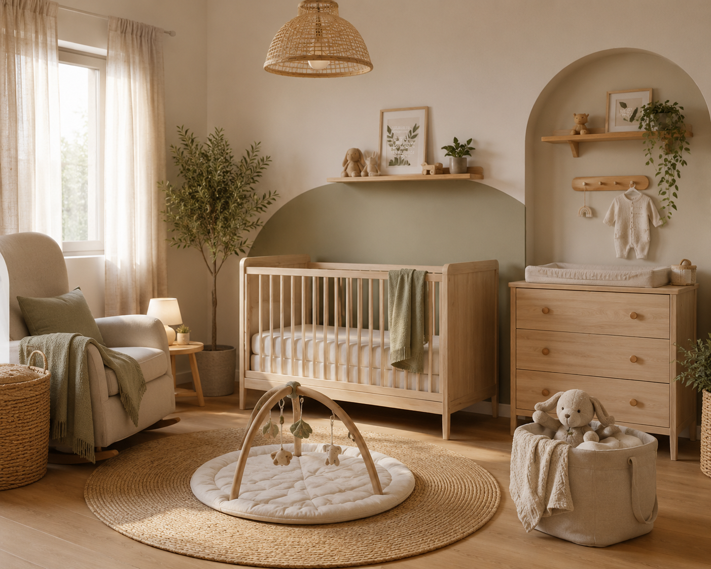 Quarto de bebé com móveis de madeira clara, poltrona bege, manta verde e decoração natural.