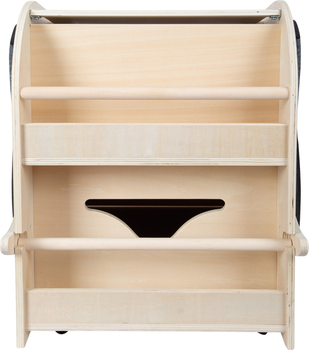 Expositor de madeira clara com dois níveis e recorte meia-lua preto