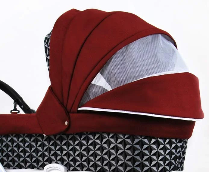 Carrinho de Bebé Alu Way Vermelho Ótico 2 em 1 Carrinho de bebé vermelho com padrão geométrico preto e branco.